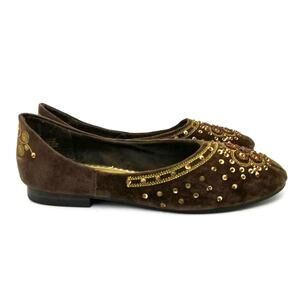 Elle Girl Giovanni Embroidered Sequin Beaded Ballet Flats Shoe Brown Size 6.5